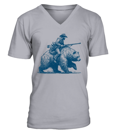 Cowboy Riding Bear L Blue V-Neck T-shirt