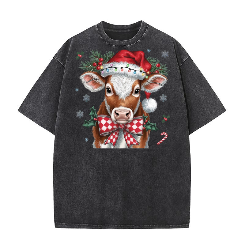 Christmas Cow coquette bow christmas Washed T-Shirt