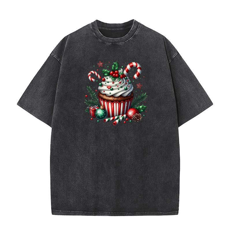 Christmas Cupcake Clipart (8) Washed T-Shirt