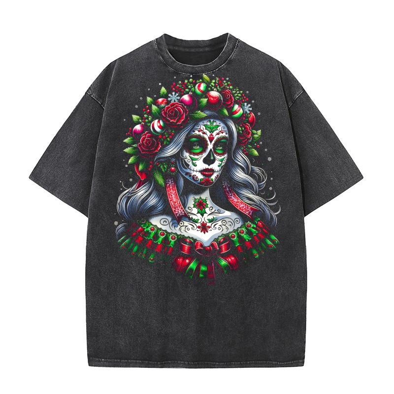 Christmas Day of the Dead Lady1 Washed T-Shirt