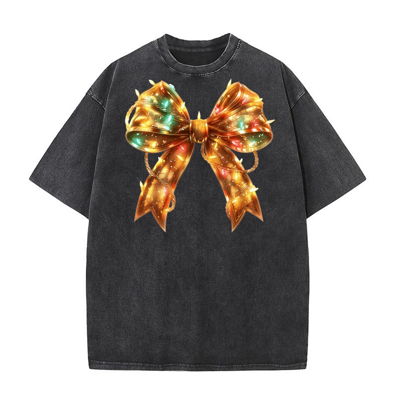 Christmas Light Gold Coquette Bow 1 Washed T-Shirt