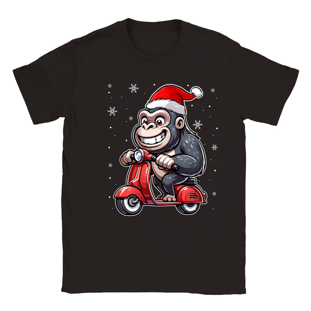 adorable gorilla Riding Scooter wearing santa hat 1 Classic Kids Crewneck T-shirt