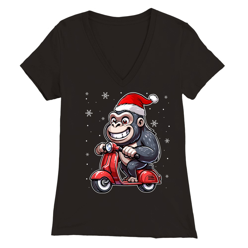 adorable gorilla Riding Scooter wearing santa hat 1 Premium Womens V-Neck T-shirt