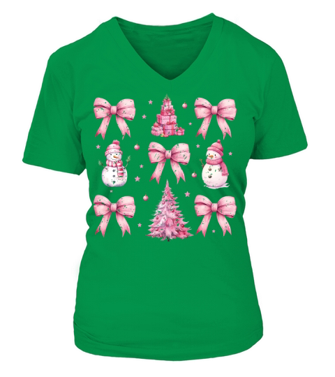 CoquetteChristmasBow Pink Retro V-neck T-Shirt Woman