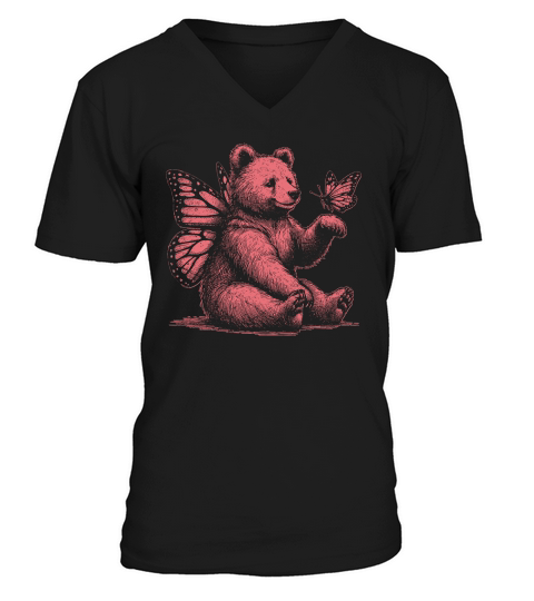 Bear With Butterfly Wings Vintage D Red GR V-Neck T-shirt