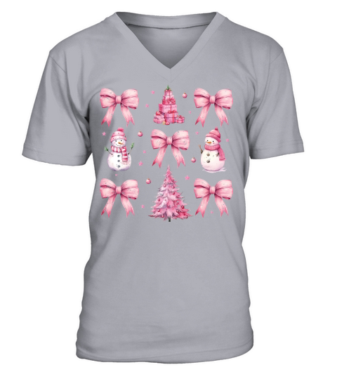 CoquetteChristmasBow Pink Retro V-Neck T-shirt