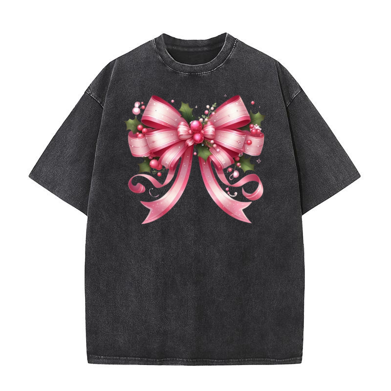 Christmas Pink Coquette Fancy Bow Clipart (4) Washed T-Shirt