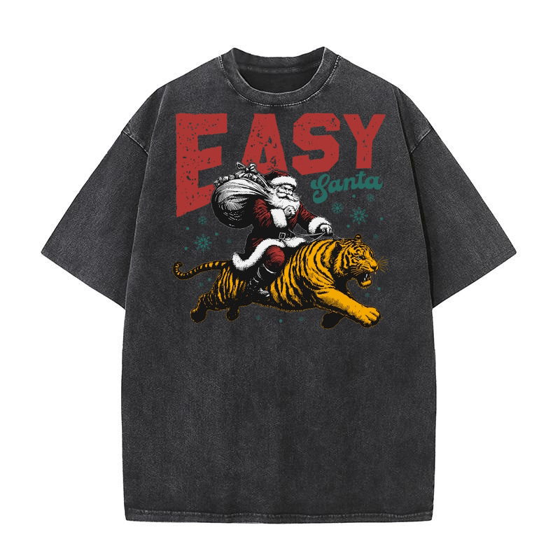 Easy Santa Riding Tiger L Color Washed T-Shirt