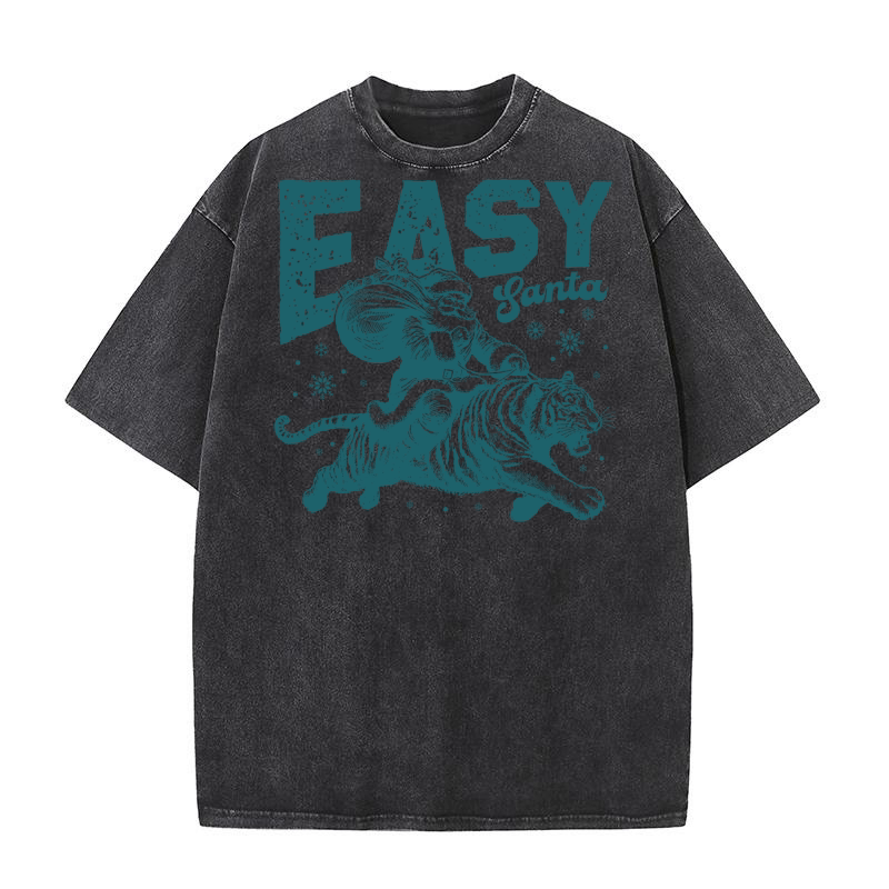 Easy Santa Riding Tiger L Green Washed T-Shirt