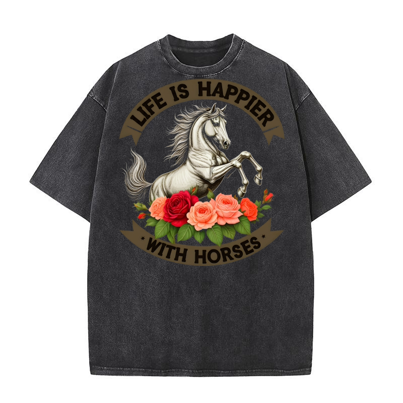 Life Is Happier With Horses 02 Washed T-Shirt