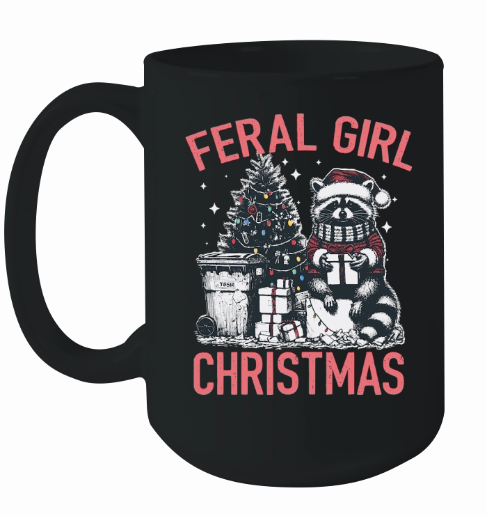 Feral Girl Christmas Raccoon D Color Red2 Ceramic Mug