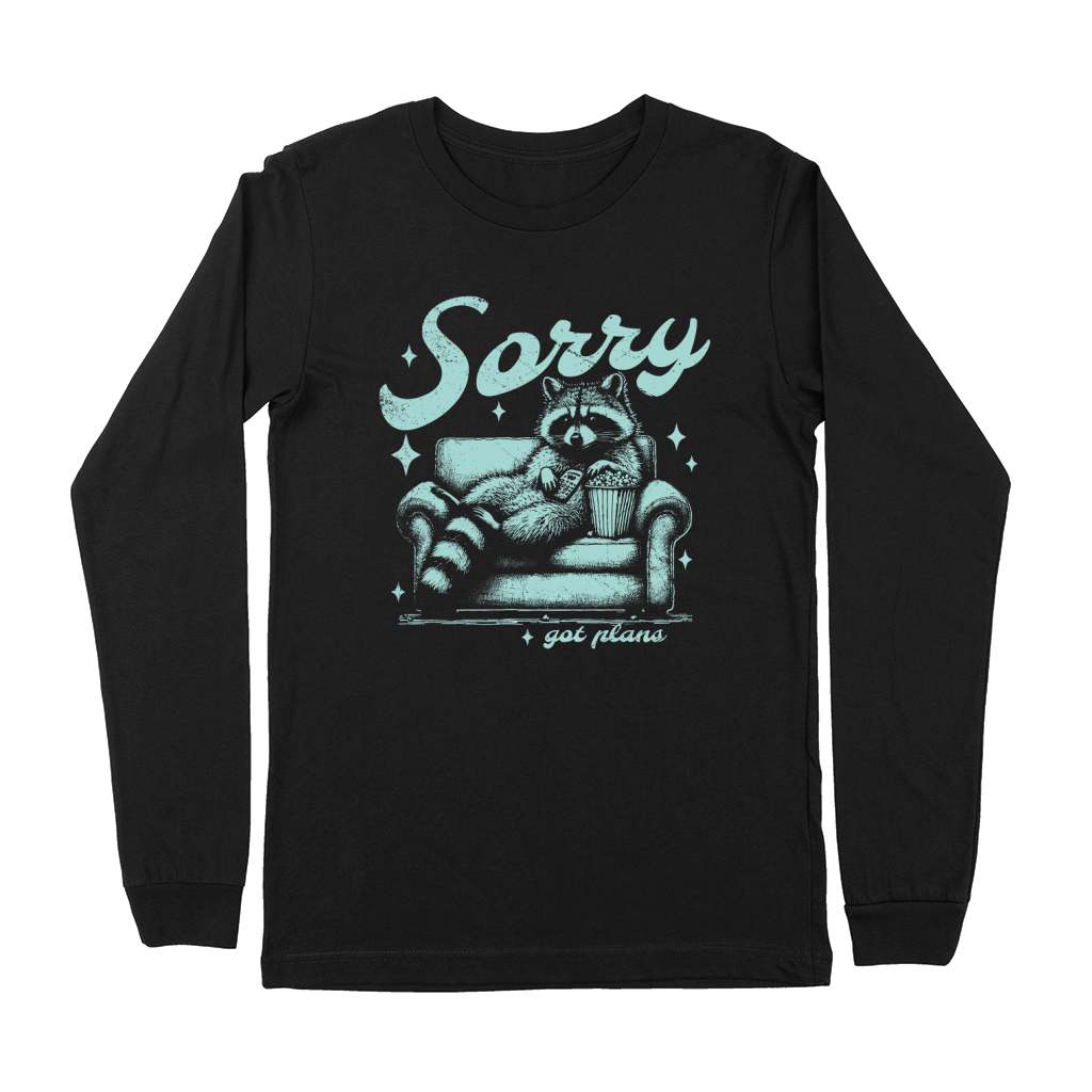 Sorry Got Plans Raccoon Sofa Popcorn D Retro Greene GR Premium Long Sleeve