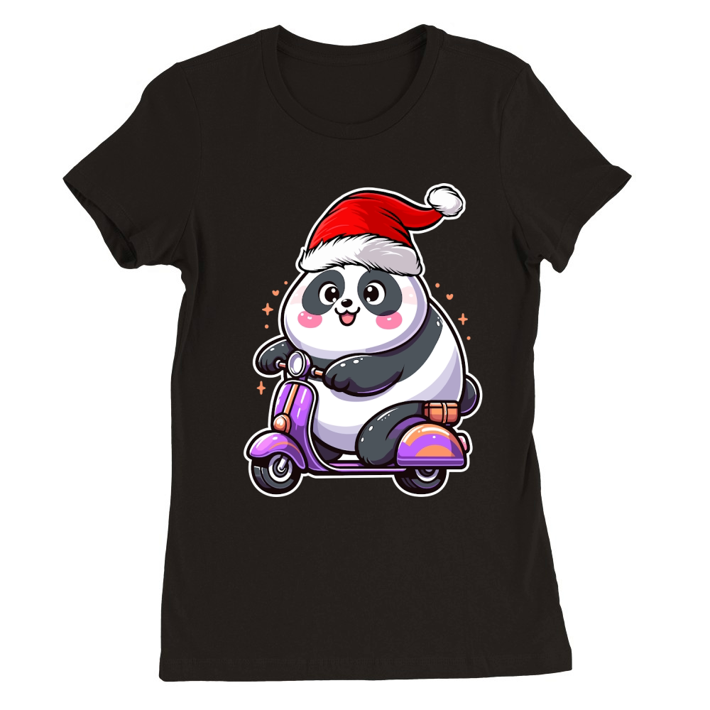adorable panda Riding Scooter wearing santa hat 2 Premium Womens Crewneck T-shirt