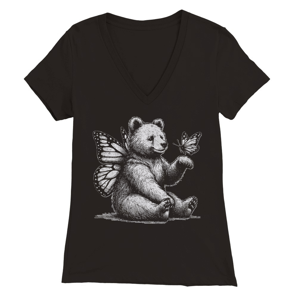 Bear With Butterfly Wings Vintage D White GR2 Premium Womens V-Neck T-shirt