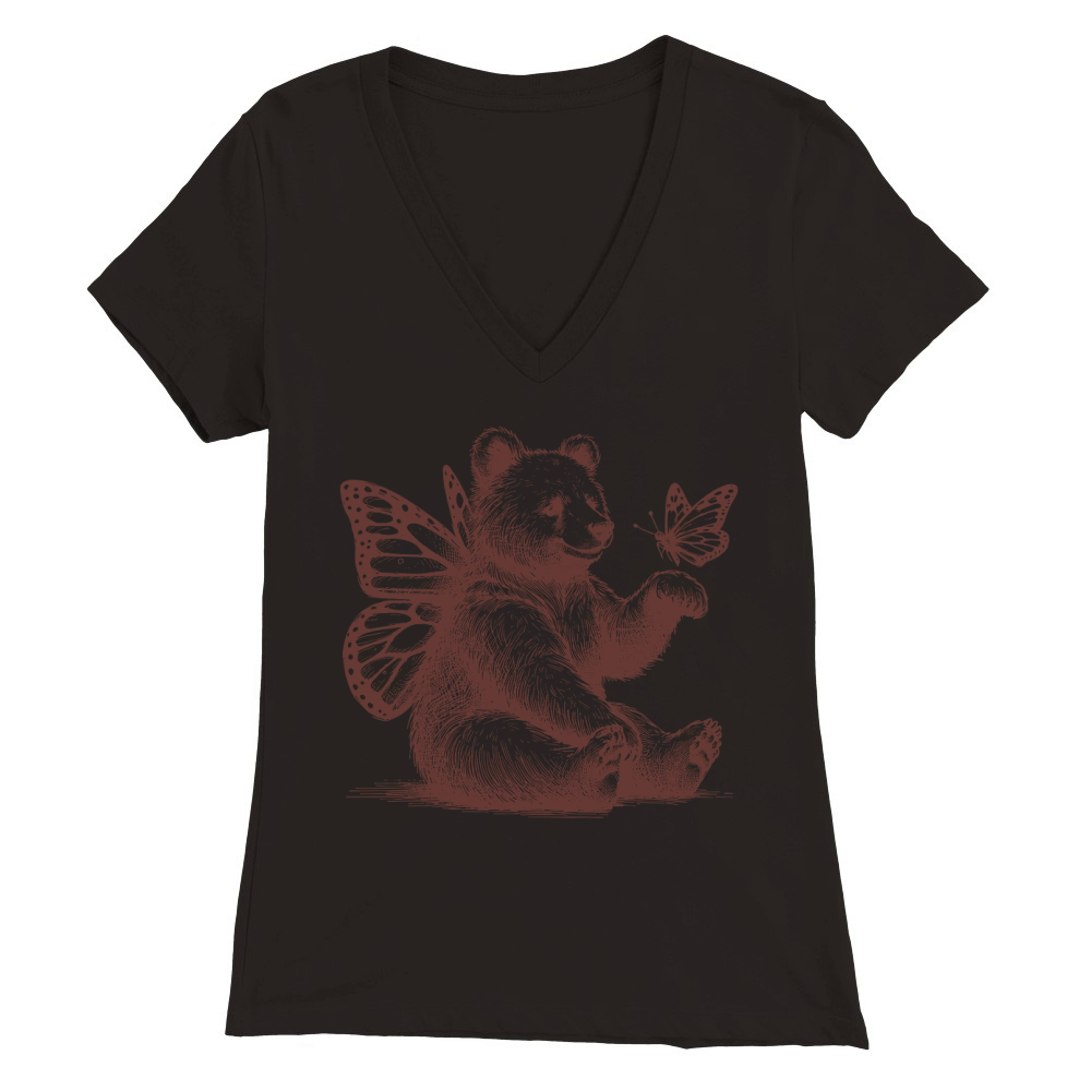 Bear With Butterfly Wings Vintage L Brown Premium Womens V-Neck T-shirt