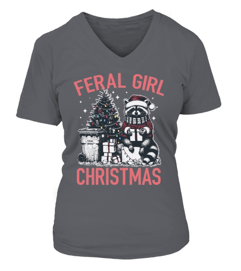 Feral Girl Christmas Raccoon D Color Red2 V-neck T-Shirt Woman