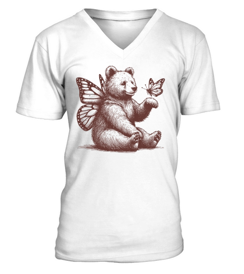 Bear With Butterfly Wings Vintage L Brown V-Neck T-shirt