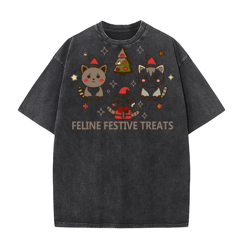 Christmas Cat Feline Festive Treats Washed T-Shirt