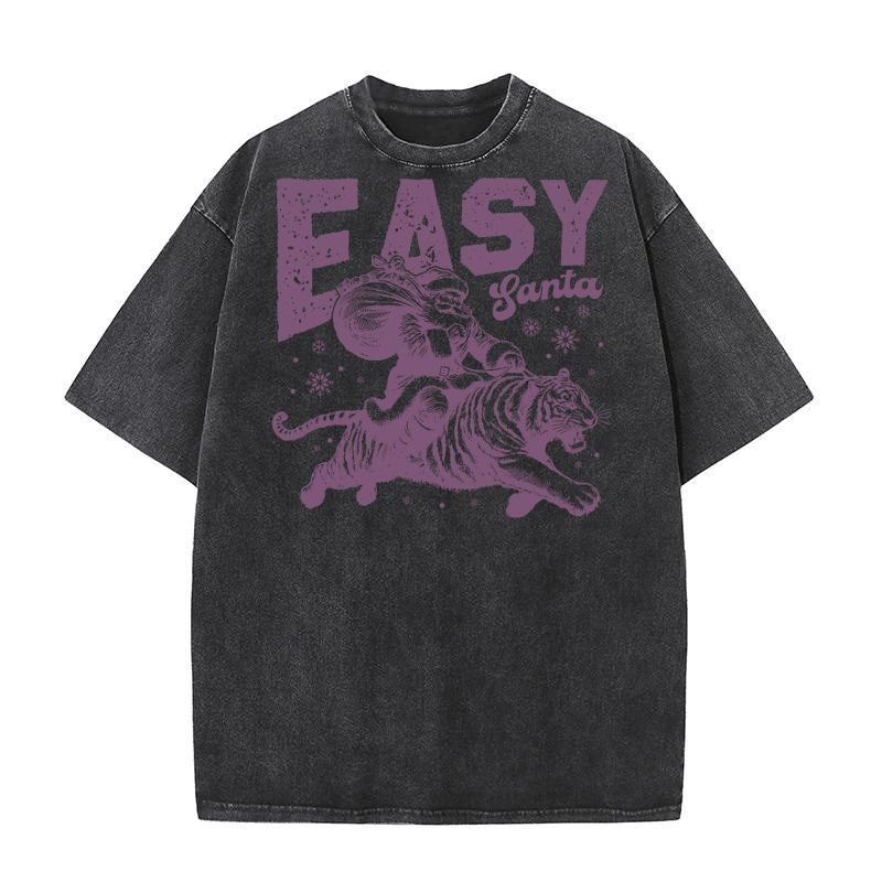 Easy Santa Riding Tiger L Purple Washed T-Shirt