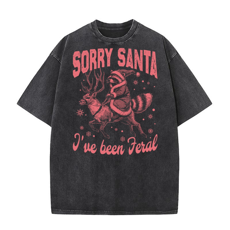 Raccoon Santa Riding Reindeer D Red Washed T-Shirt