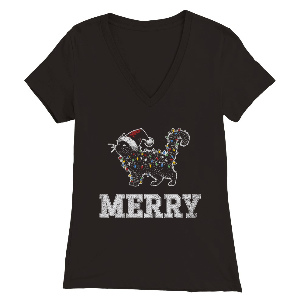MERRY CAT WRAPPED BY CHRISTMAS LIGHTS D Color 5 GR Premium Womens V-Neck T-shirt
