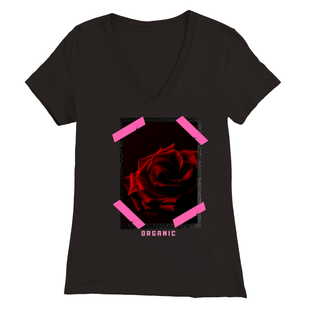 "Organic Rose" Leather Patch Effect Graphic Design Premium Womens V-Neck T-shirt