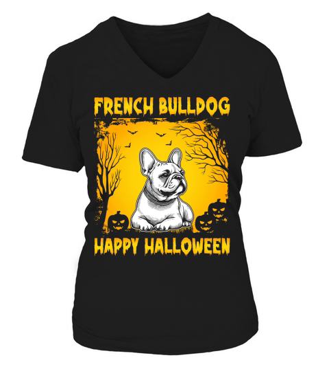 French Bulldog Happy Halloween V-neck T-Shirt Woman
