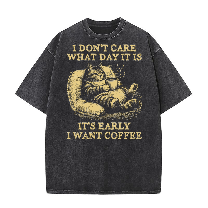 Cat Don’t Care Just Want Coffee D Yellow Washed T-Shirt