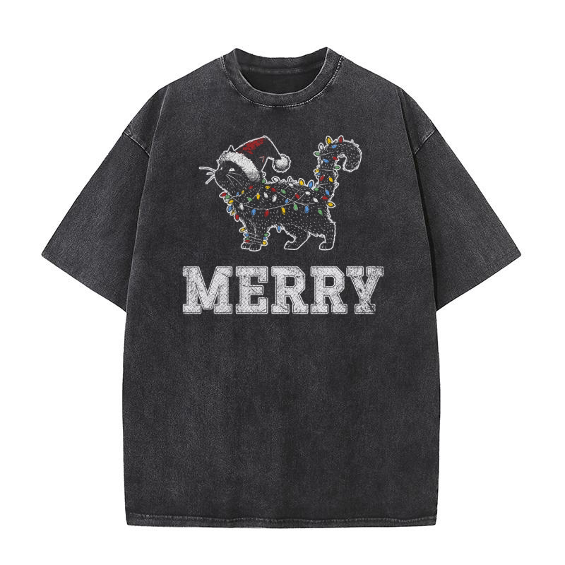 MERRY CAT WRAPPED BY CHRISTMAS LIGHTS D Color 5 GR Washed T-Shirt