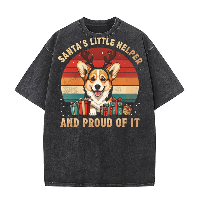 Santas Little Helper And Proud Of It Corgi Christmas Washed T-Shirt
