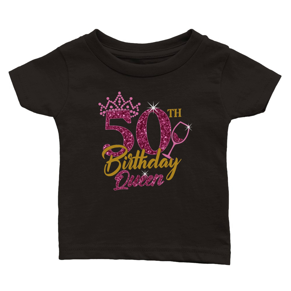 50th Birthday Queen Rhinestone and Glitter Birthday Classic Baby Crewneck T-shirt
