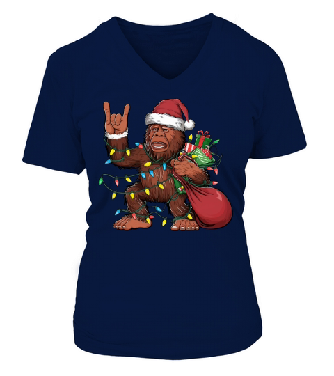 Bigfoot Santa Christmas Tree Lights V-neck T-Shirt Woman
