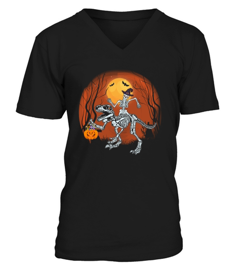 t rex skeleton halloween pumpkin V-Neck T-shirt