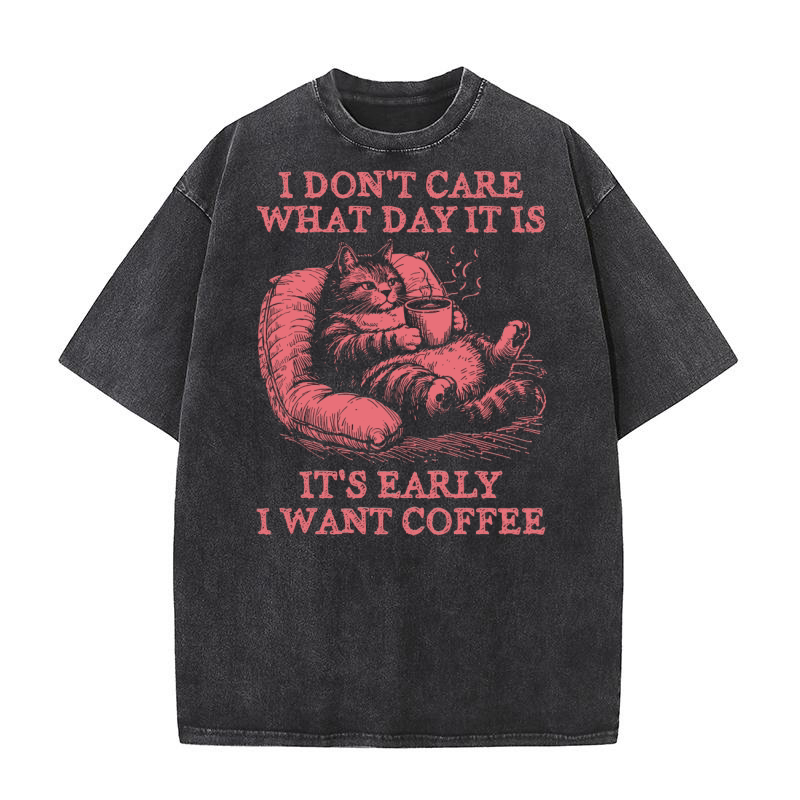 Cat Don’t Care Just Want Coffee D Red Washed T-Shirt