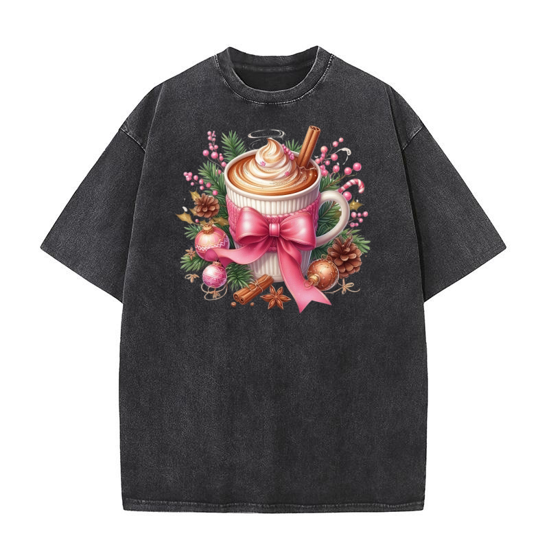Christmas Coffee Pink Coquette Bow (1) Washed T-Shirt