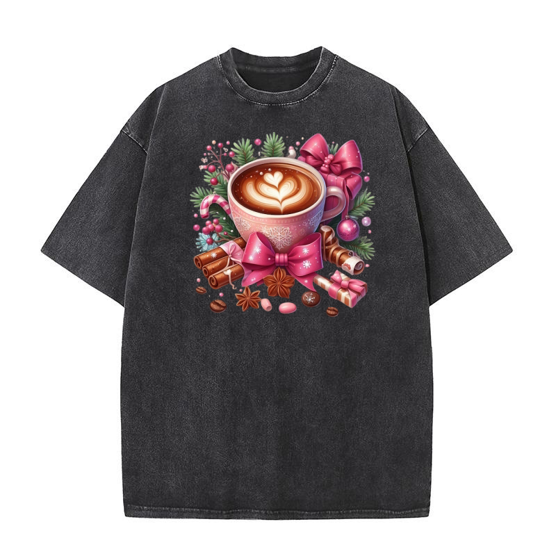 Christmas Coffee Pink Coquette Bow (3) Washed T-Shirt