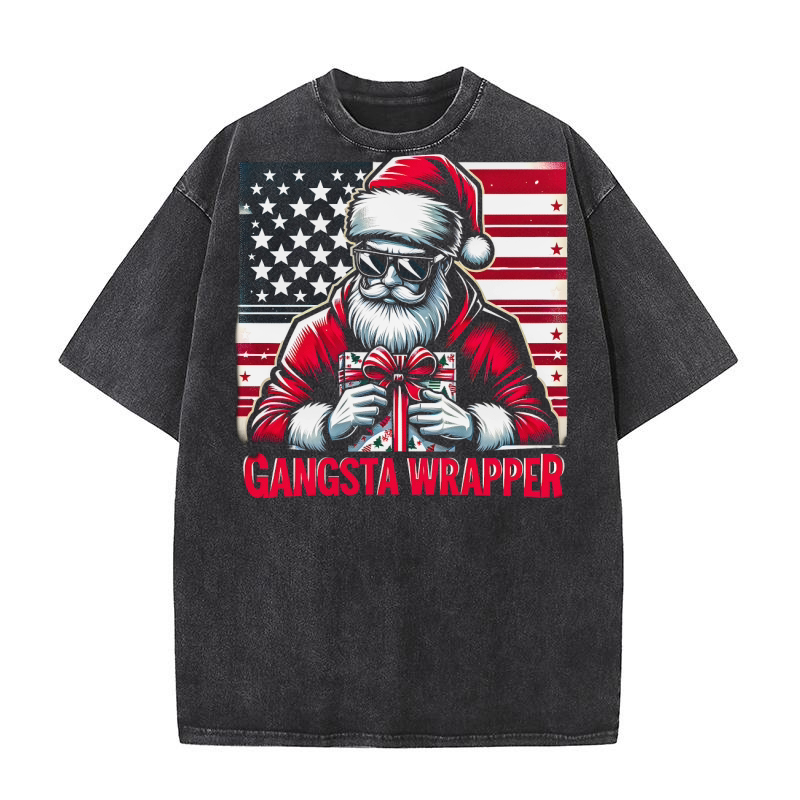 Gangsta Wrapper Santa with Sunglasses Washed T-Shirt