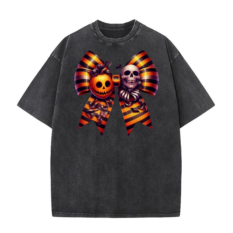 Halloween Movie Stiped Coquette Bow (2) Washed T-Shirt