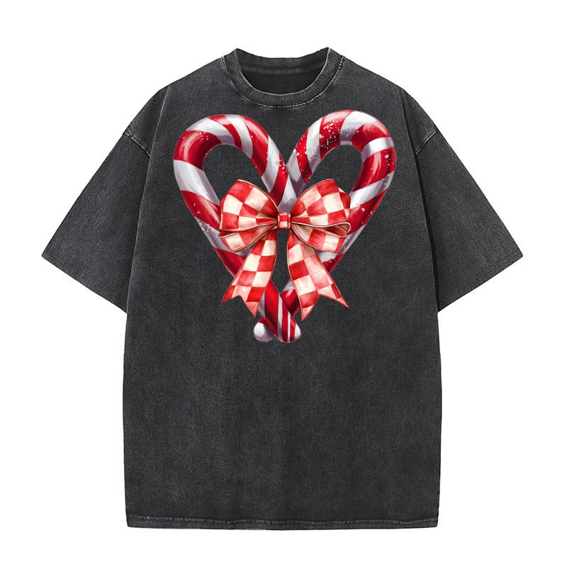 Heart Candy Cane and Bow Washed T-Shirt