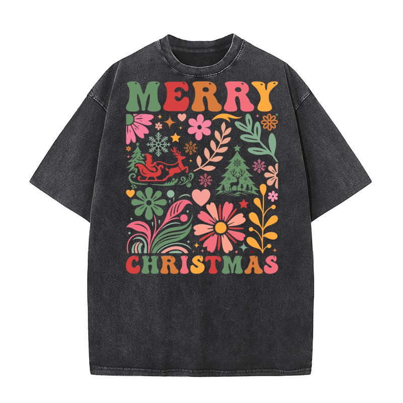 Merry Christmas Boho Flowers Washed T-Shirt