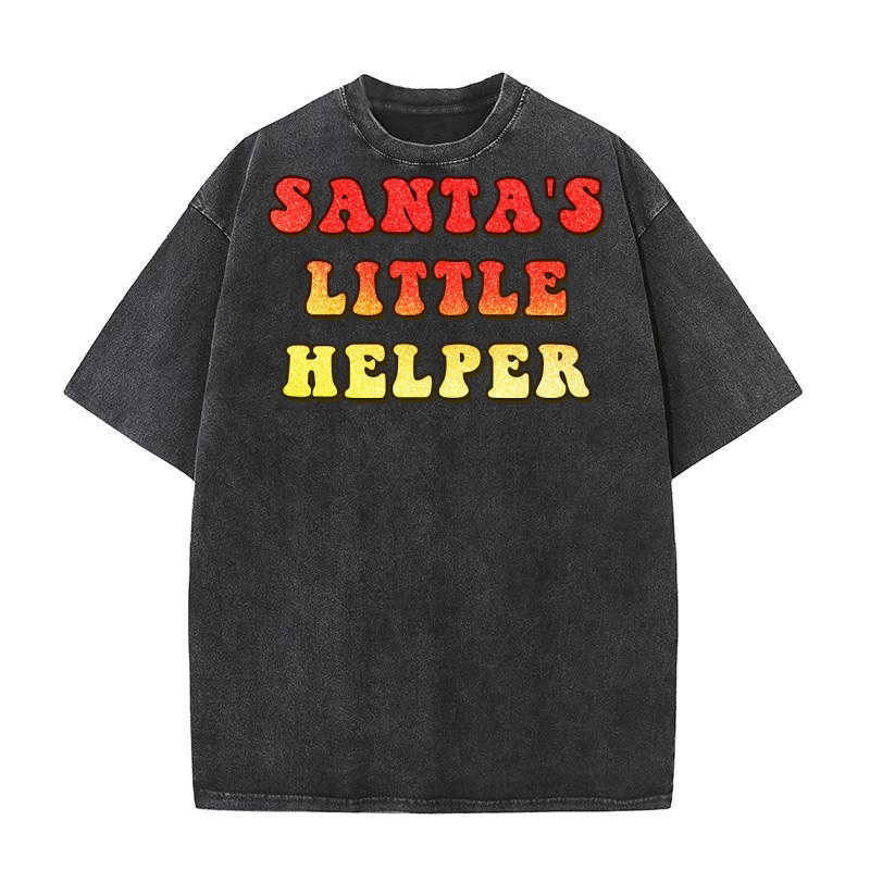 Santas Little Helper  Christmas Color Glitter Washed T-Shirt