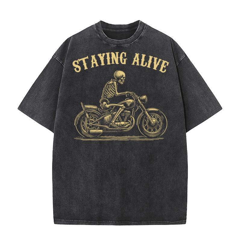 Staying Alive Skeleton riding Motorcycle D Yellow Washed T-Shirt