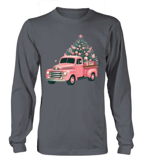 Retro Pink Christmas Truck with Tree Clipart (2) Long sleeved Unisex