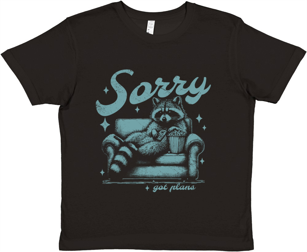 Sorry Got Plans Raccoon Sofa Popcorn D Retro Green GR Premium Kids Crewneck T-shirt