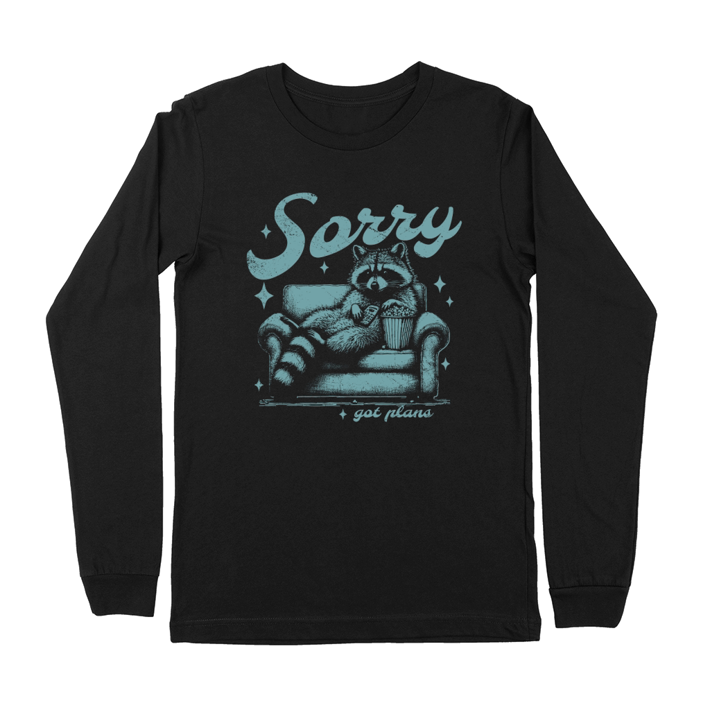 Sorry Got Plans Raccoon Sofa Popcorn D Retro Green GR Premium Long Sleeve