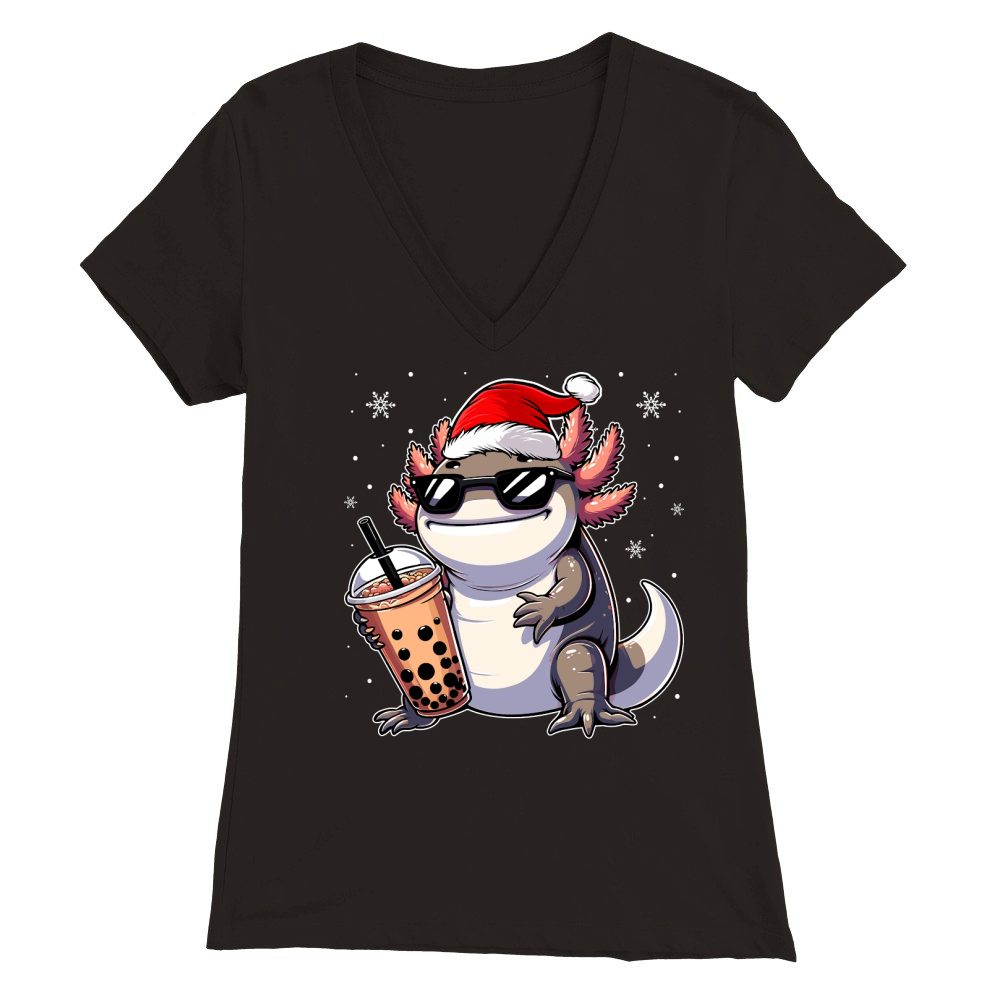 adorable axolotl drinking boba tea wearing santa hat 2 Premium Womens V-Neck T-shirt