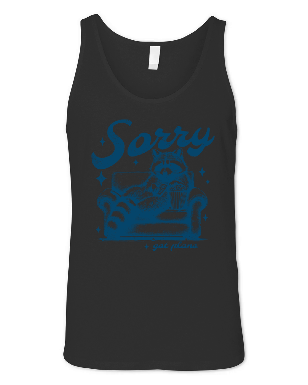 Sorry Got Plans Raccoon Sofa Popcorn D Blue GR Unisex Jersey Tank