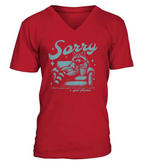 Sorry Got Plans Raccoon Sofa Popcorn D Retro Green GR V-Neck T-shirt