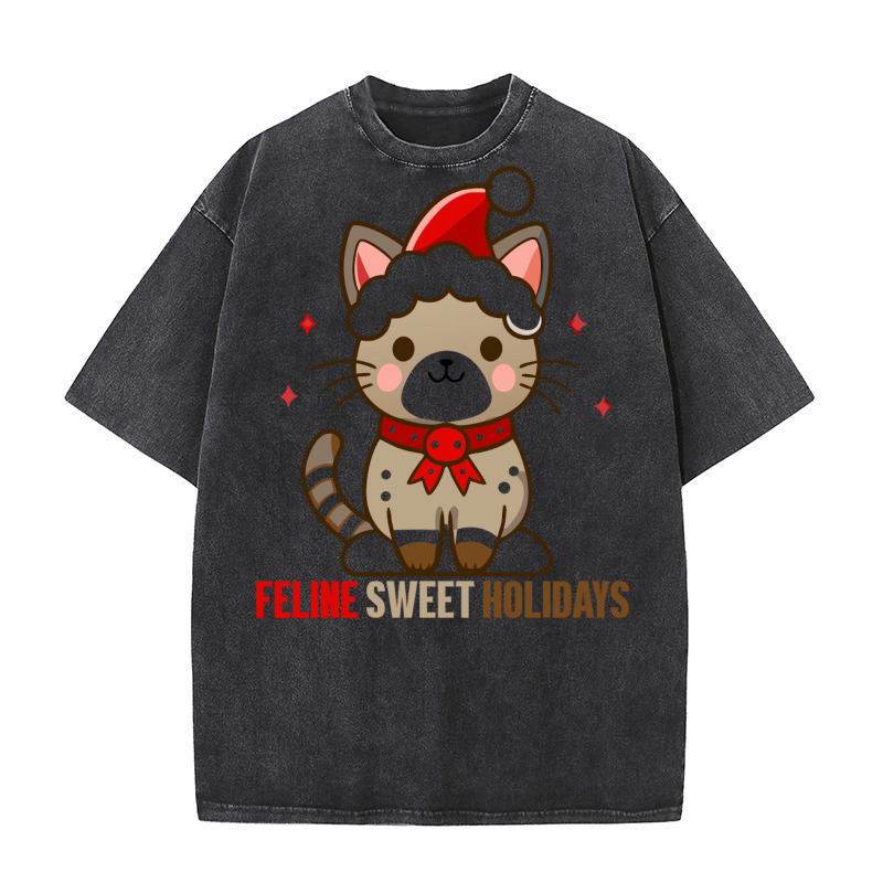 Feline friendly holidays Christmas Cat 3 Washed T-Shirt