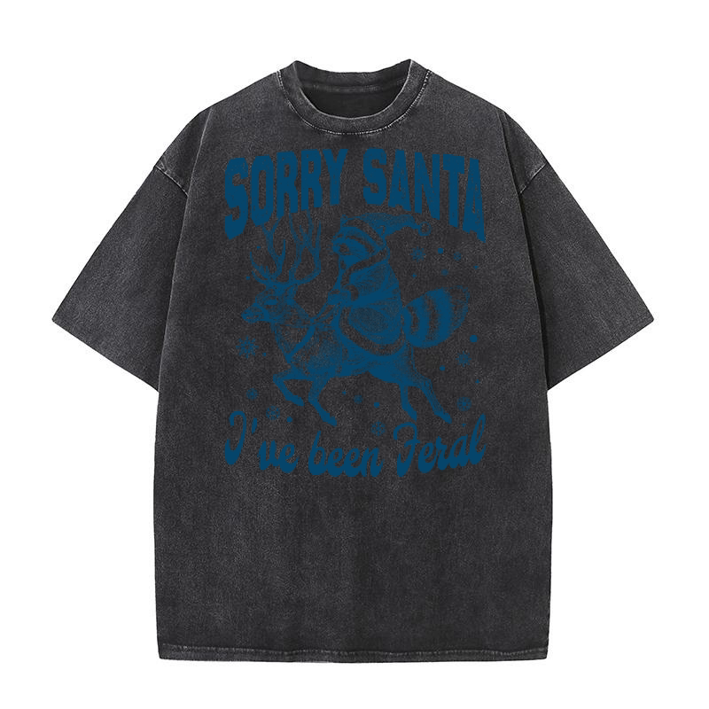 Raccoon Santa Riding Reindeer L Blue Washed T-Shirt
